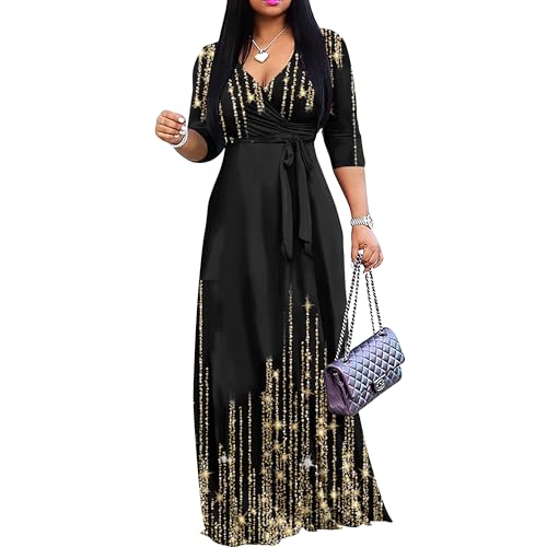 FANDEE Plus Size Maxi Dress for Women Casual Summer Sundress V-Neck 3/4 Sleeve(Black Gold,Large)