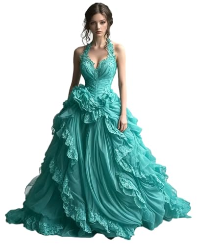 Dydsz Womens Gothic Halter Ruffle Turquoise Prom Dress Formal Ball Gown 8