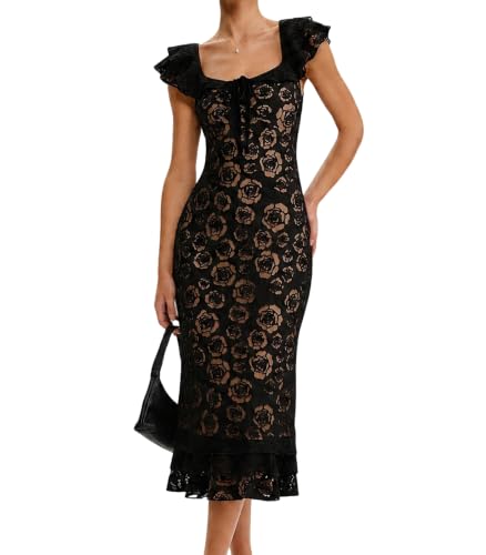RIHOAS Women's Black Lace Midi Dress Wedding Guest Cocktail Formal Garden | Lace midi dress , wedding guest, cocktail, formal beach, grad, cute church, vestidos verano, boho hawaiian party casual