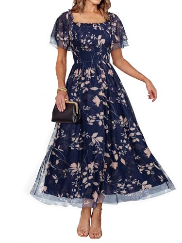 Simplee Womens Floral Maxi Dresses 2026 Summer Boho Wedding Guest Dress | Short Sleeve, Flowy, Smocked, Mesh, Square Neck, Tea Party, Casual, Modest, Bride, Leaf Navy Blue M