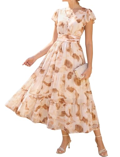 GRACE KARIN Floral Wedding Guest Dresses Yellow Brown Smudged XL | V Neck,Short Slveeve,Fit and Flare,Flowy,A Line,Pocket,Smocking,Elegance Spring Summer formal Tea Party Casual Holiday Outfit