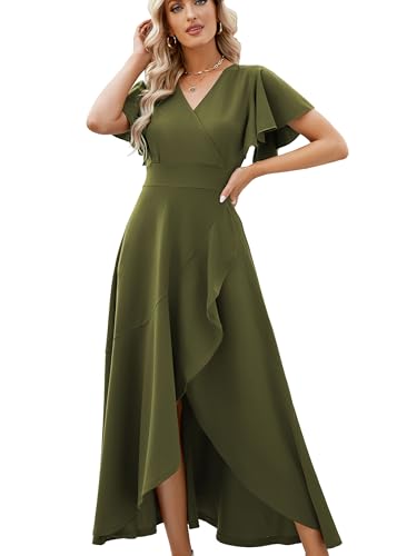 ZZV Formal Dresses For Women Gowns Evening V Neck Wedding Guest Dress-Solid | A-line Homecoming Dresses Maxi Wedding Guest Dresses For Women Ruffle Skirts casual bridal shower dress-Olive Green-L