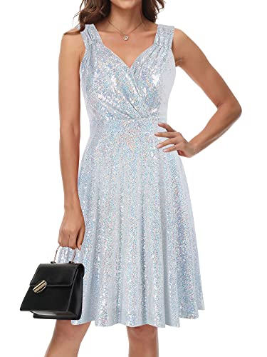 GRACE KARIN Sleeveless V-Neck Bridesmaid Swing Dress Knee Length Sliver Size M