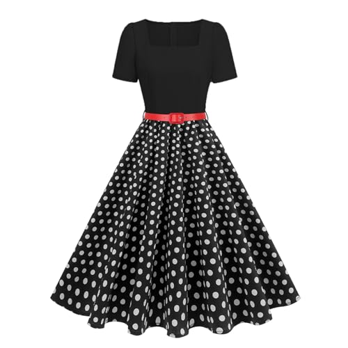 1950s Vintage Cocktail Dresses for Women: Polka Dot Square Neck Tea Length with Belt - Summer Retro Outfits for Wedding Black and White Polka dots M
