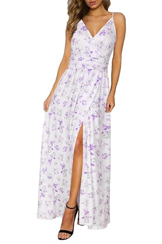 Newshows Women's 2026 Summer Maxi Dress Spaghetti Strap Spring Casual V Neck Split Beach Long Flowy Wedding Guest Dresses Semi Formal Dresses Trendy(White Pruple Flowers, X-Large)