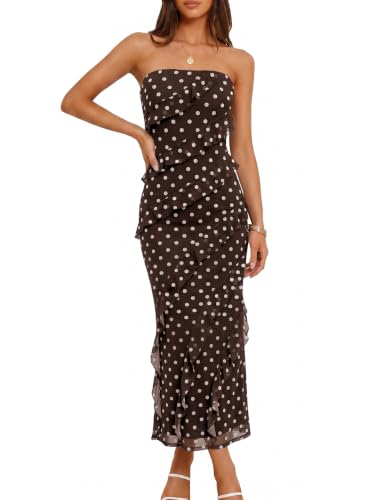 Muchpow Womens Polka Dot Strapless Ruffle Maxi Dress (Dot Brown,X-Large) | Lined Off Shoulder Back Slit Bodycon Dress, Stretchy Cocktail Party Rehearsal Dinner Going Out Vacation Long Dresses