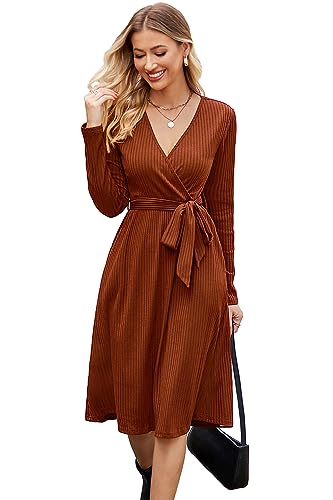 Newshows Women's Sweater Belted Fall Business Casual Dress(Caramel, L)