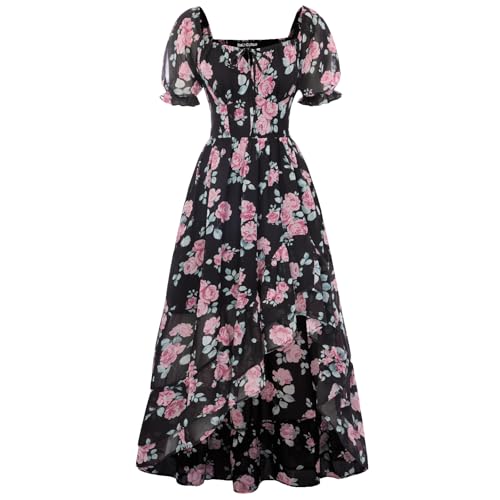 Women's Floral Corset Dress Chiffon Wedding Guest Sundress Black S | Off Shoulder, High-Low Ruffle Hem, Flowy A Line, Smocked Back Bodice,, with Pockets, for Summer Holiday Easter