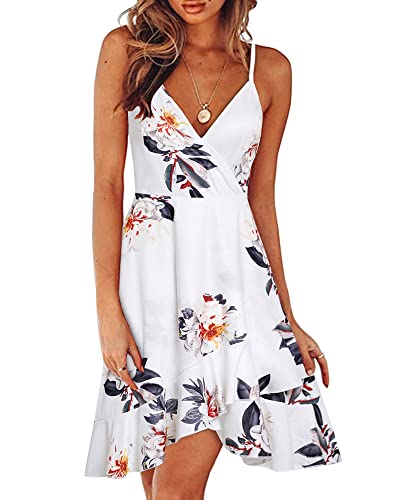 ULTRANICE Womens Summer Dresses Sundresses Spring Trendy White Floral Flowy Wrap Casual Beach Wedding Guest Vestidos Vacation Outfits Clothes V Neck Spaghetti Strap Midi Dress(White Floral,L)