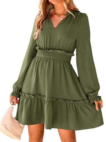 BerryGo Womens Fall Long Sleeve Mini Dress A Line Country Dresses Army Green M