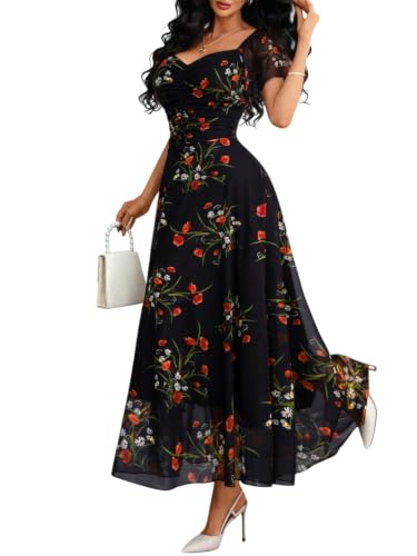 GothDark Women's Floral Mesh A-Line Short Sleeve Party Wedding Guest Dress