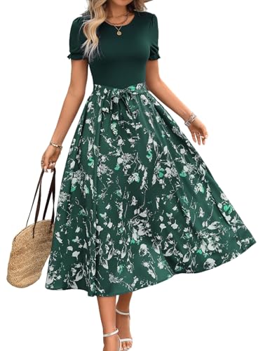 Vintage 1950's Dress for Womens Petite Summer Casual Office Professional Elegant Work Crewneck A Line Floral Print Fit and Flare Dresses with Belt 279 Green Floral S