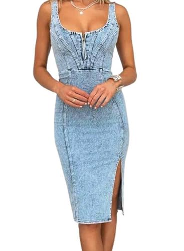 utcoco Denim Dress for Women Sleeveless Side Slit Bodycon Midi Jean Dresses for Women 2026 (Small, Light Blue)