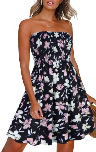 CHICGAL Womens Summer Dresses Strapless Sundresses Boho Floral Print Tube Dress Beach Cover Ups(Black Yellow Pink Flowers,L)