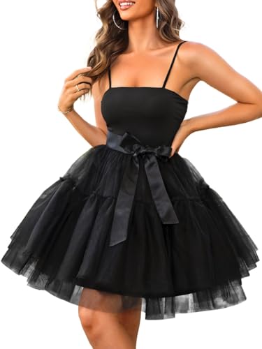 Kaei&Shi Poofy Short Tulle Dress,Spaghetti Strap Semi Formal Dresses for Women,Elegant Birthday Outfit Homecoming Cocktail Black Medium