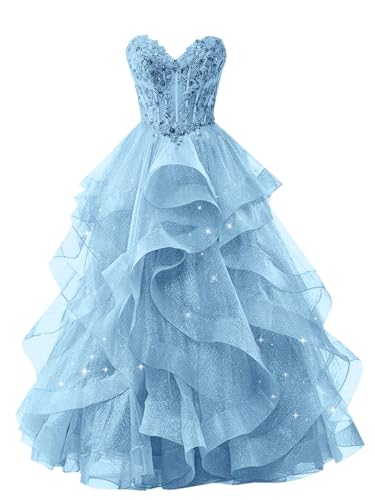Sweetheart Long Prom DressTiered Tulle Strapless Formal Ball Gown Sky Blue Puffy Ruffle Lace Sequin Prom Dresses for Women US 8