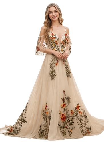 Lanbaodress Plus Size Floral Embroidered Wedding Dress for Bride 2026 Long Off Shoulder V Neck Chiffon Evening Bridal Gown Champagne Size 22W