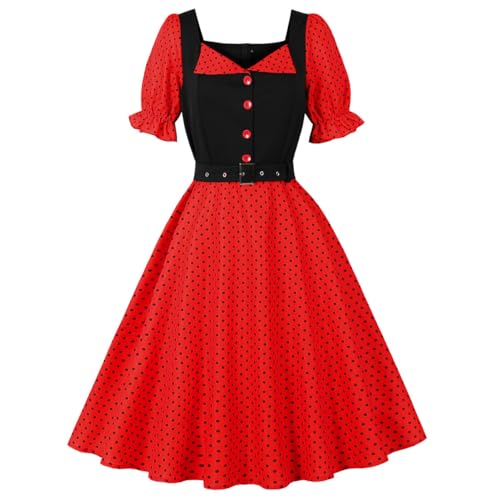 1950s Dresses for Women Vintage Polka Dot 50s 60s Retro Tea Dress Audrey Hepburn Rockabilly Party Swing Dresses with Belt 40's 50's Style Short Puff Sleeve Halloween Cocktail Church Dress Red XXL