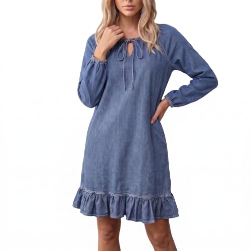 VICHAMP Long Sleeve Drawstring Boat Neck Ruffle Denim Midi Dress for Women | 2030 Fall Outfits,Ruffle Hem,Adjustable Neckline, Elastic Cuffs, A Line Jean Dress with Pockets for Casual and Daily Wear
