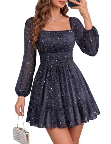 Bridesmay Women's Sparkly Mesh Long Sleeve Short Party Dress SequinNavy M