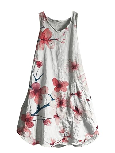 Japanese Art Plum Blossom Crewneck Sleeveless Floral Tank Dress Womens Boho Sundress Summer Beach Vacation Elegant Orange Black Medium