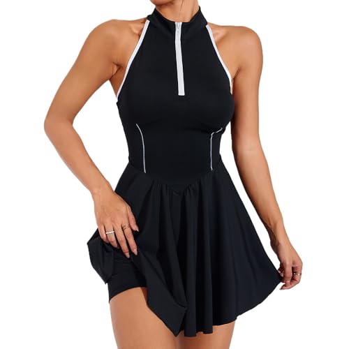 Yunify Spring Summer Dresses for Women Yoga Sports Sexy Fitness Sleeveless High Collar Bareback Shorts Two Piece Set (black, S)