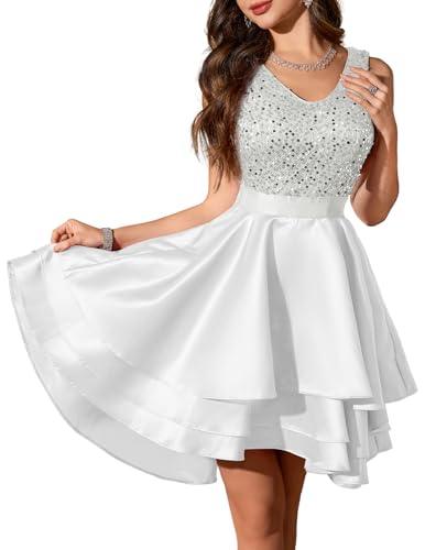 Meetjen Women's Short Prom Dress Teens Homecoming Sequin Formal White XL