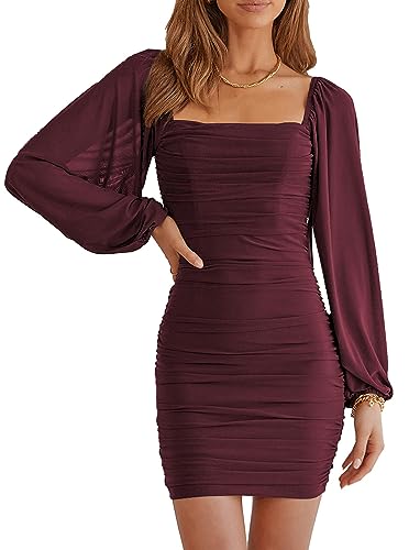 MASCOMODA Womens Square Neck Long Sleeve Bodycon Mini Dresses(XS,Wine Red)