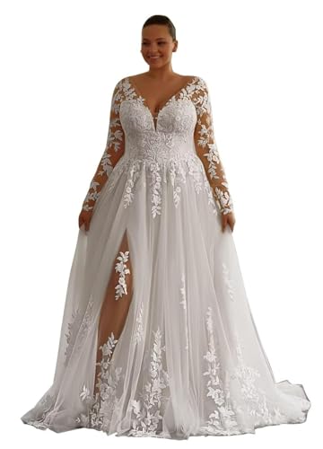 Plus Size White Wedding Dress with Long Sleeve Luxurious A Line Tulle Long Bridal Gowns V Neck Lace Applique Boho Wedding Gowns for Bride with Slit
