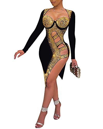 PORRCEY Women's Sexy Rhinestone Mesh Irregular Hem Dress(2123,Gold,3XL