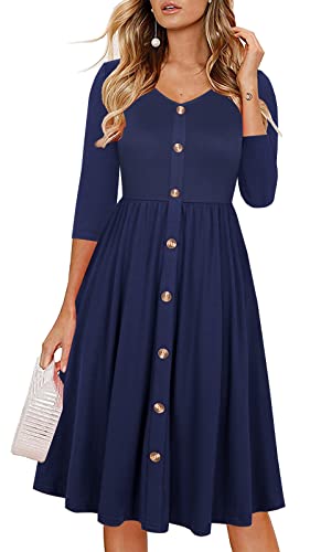 Lamilus Women's Casual Fall 3/4 Sleeve V-Neck Button Down A-Line Swing Party Dress (S,Navy Blue-026-3/4)