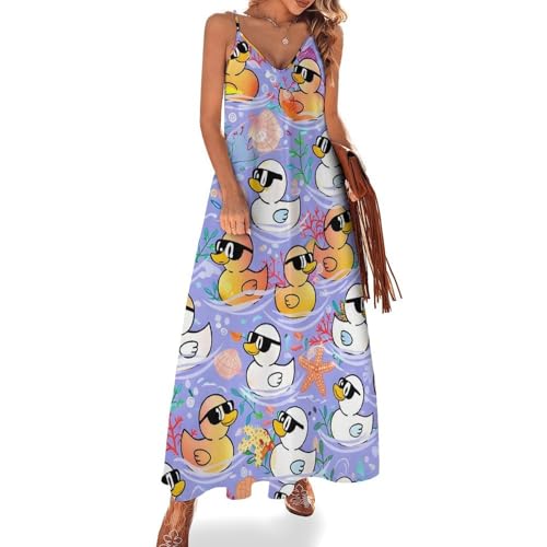Women's Rubber Duck on Purple Blue Maxi Dress Sexy V Neck Spaghetti Strap Long Sundress, Medium