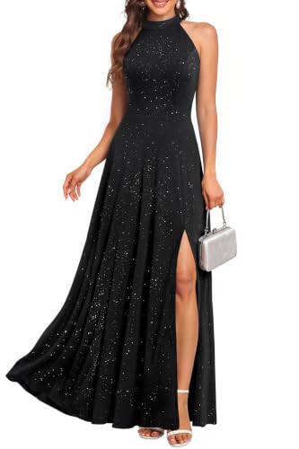Pinup Fashion Formal Black Prom Evening Glitter Cocktail Halter Long Dress