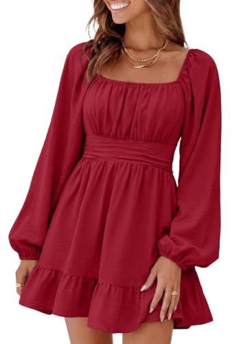 Dokotoo Red Dresses for Women Elastic Waist Tie Backless Sexy Dresses Puff Ruffle A-Line Long Sleeve Dress Casual Mini Dress for Wedding Guest Beach Vacation Clothes Small