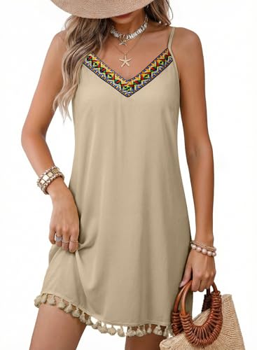 Dokotoo Summer Sundresses for Women 2026 Boho Tassel V Neck Embroidered Sun Dress Casual Spaghetti Straps Mini Beach Dress Beach Vacation Clothes Cruise Outfits Apricot Beige L