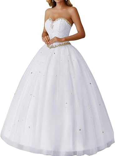 Likedpage Strapless Ball Gown with Colorful Rhinestones, Lace Bodice Floor Length Wedding Prom Dress White US22W