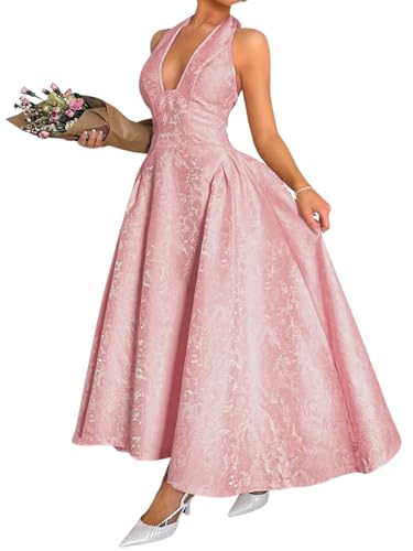 ChiaoLezhee Jacquard Maxi Dress, V Neck A Line, Wedding Guest Prom, Halter Corset Pastel Tea Party Vacation Semi Formal Garden Long Dresses for Women Drop Waist Deep Sexy Flowy, Pink, Small