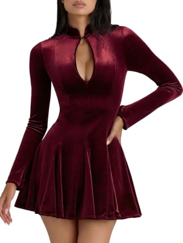 LAGSHIAN Women's Classy Velvet Long Sleeve Fit and Flare Mini Dress WineRed