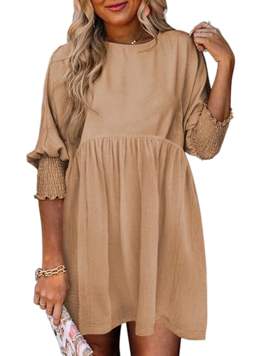 Dokotoo Babydoll Dresses for Women Casual Flowy A Line Shirt Dress Beige L