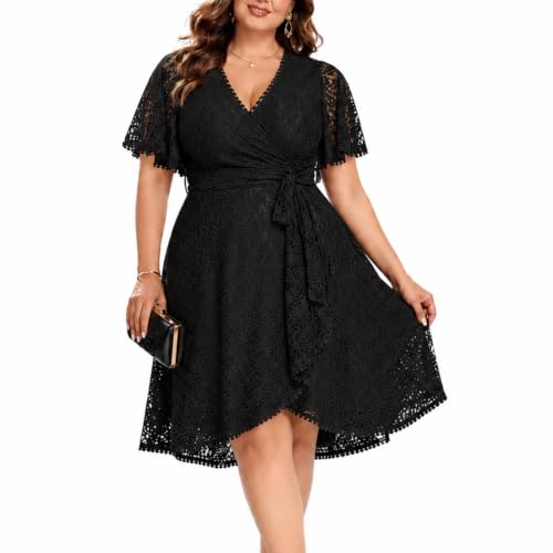 Wedding Guest Dresses Plus Size Black Women Cocktail Party 2025 Semi Formal Lace Short Sleeve A Line Graduation Dress 14W