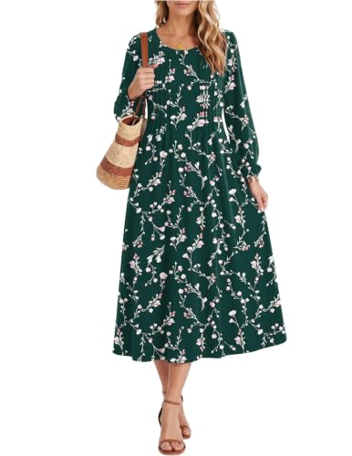 Zeagoo Midi Women Dresses Long Sleeve Fall Dress Casual Pleated Dresses 2026 Floral A Line Dress, Deep Green Floral L