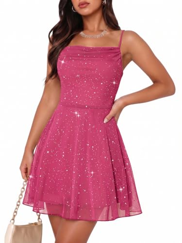 Bridesmay Women's Sparkly Short Teens Homecoming Party Dresses Fuchsia S | Sequin Cowl Neck Adjustable Strap Tiered A-Line Mini Dress for Cocktail Prom ,Formal Wedding Guest Bridesmaid