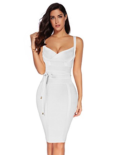 meilun Womens Bodycon Midi Dress Spaghetti Strap Bandage Cocktail Party Dress for Wedding Guest Birthday Outfit(White,M)