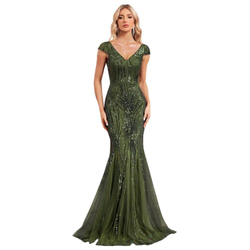 Women's Long Sequin Evening Gown, V Neck Cap Sleeve Mermaid Formal Dress for Prom Wedding Guest Olive-Green