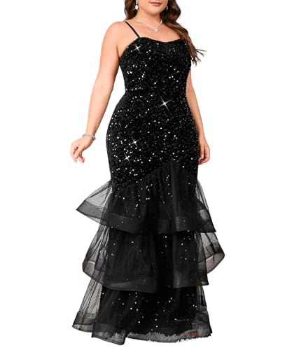 dasmzper Women Sexy Sleeveless Sequin Mesh Patchwork Maxi Dress Black Plus Size Sling Cocktail Party Formal Gowns