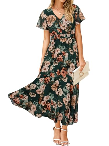 Simplee Womens Floral Maxi Dress - Short Sleeve Summer Boho Wedding Guest Dress Empire Waist Chiffon Modest Midi Dresses Green,XL