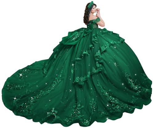 Mauuwy Emerald Green Tulle Quinceanera Dresses with Luxury Lace Appliques