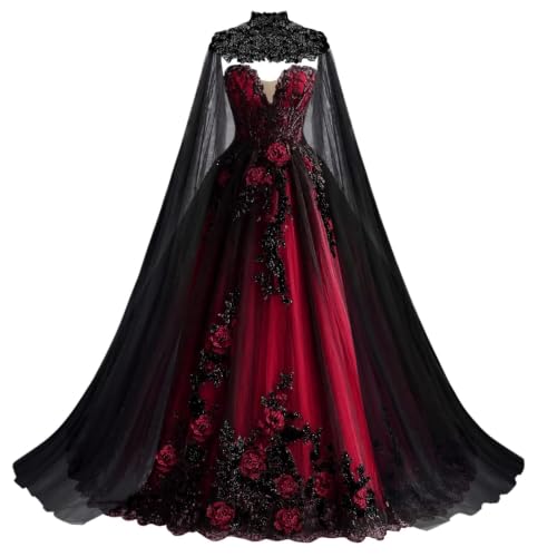 Mauuwy 3D Flower Lace Wedding Dresses with Cape Burgundy Size 4