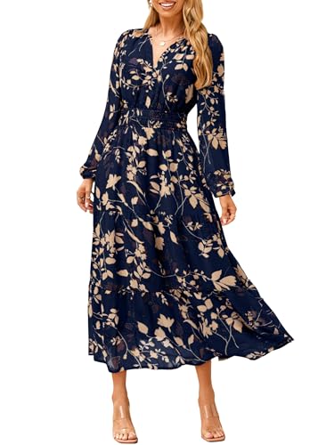 Simplee Women's Floral Boho Long Sleeve Maxi Dress V Neck Empire Waist Swing Flowy Wedding Guest Dress Navy Blue Floral XL