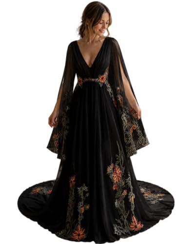 Boho Floral Wedding Dress V Neck Cape Sleeve A-Line Bridal Gown with Train Black